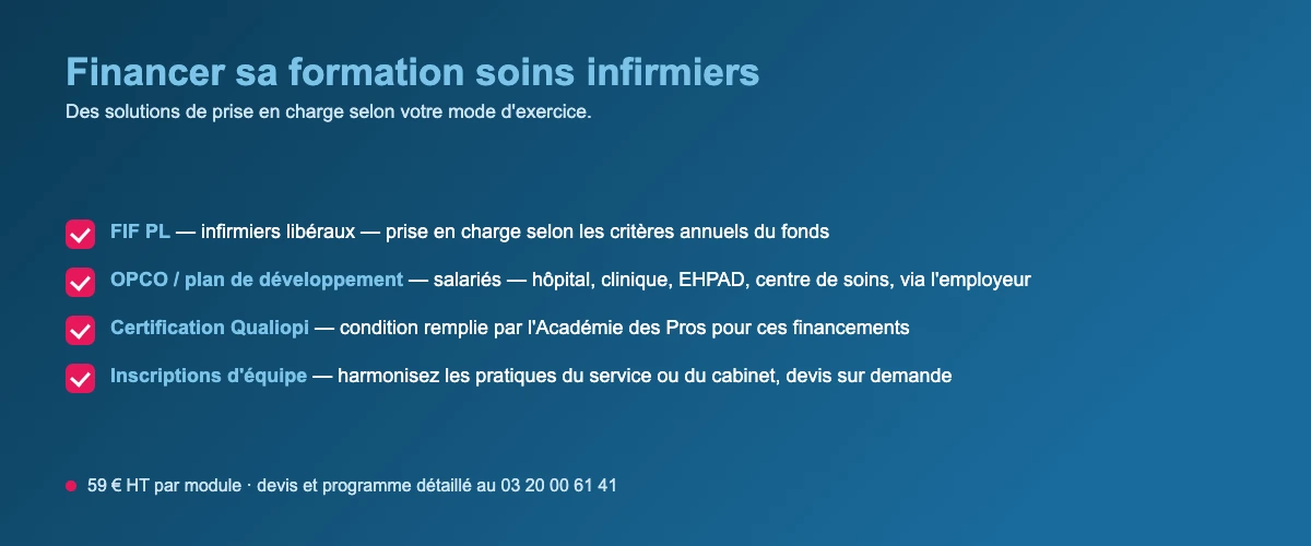 Financement de la formation soins infirmiers : FIF PL pour les libéraux, OPCO pour les salariés, organisme certifié Qualiopi