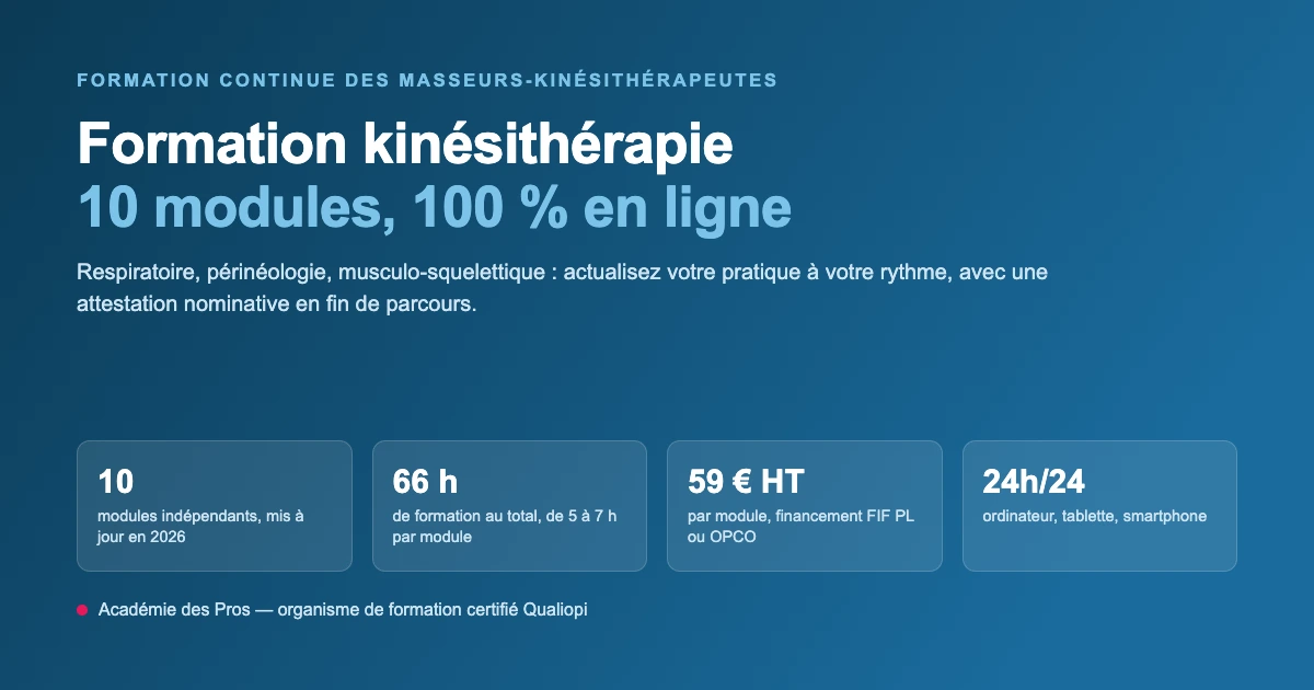 Formation kinésithérapie en ligne : 10 modules de formation continue pour masseurs-kinésithérapeutes