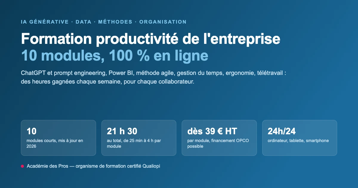 Formation productivité de l'entreprise en ligne : 10 modules IA, Power BI, méthode agile et organisation